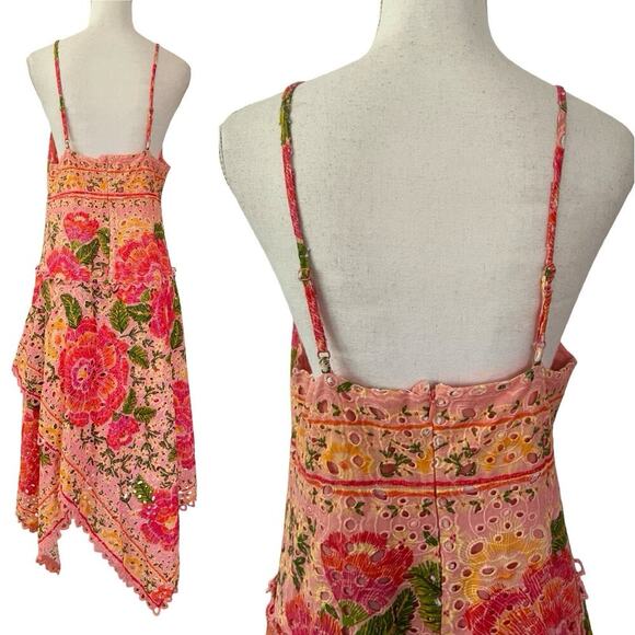 FARM Rio Blooming Floral Embroidered Handkerchief Midi Dress Size L Pink NWT - Picture 2 of 10